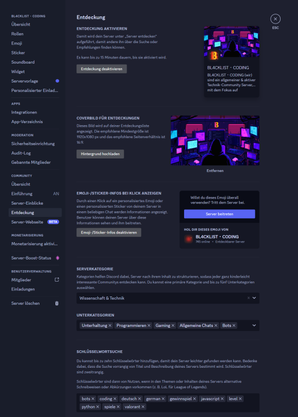 Beispiel für eine Eintragung in die Discord Entdeckung (Serverliste)