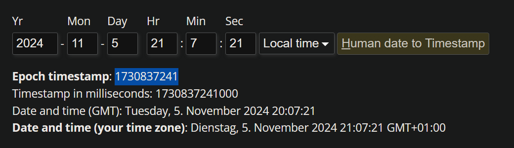 Beispiel für eine Timestamp Generierung über Epoch Converter